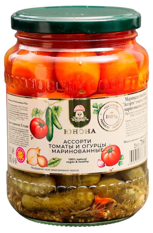 Ассорти томаты и огурцы Юнона маринованные 700 г 220₽