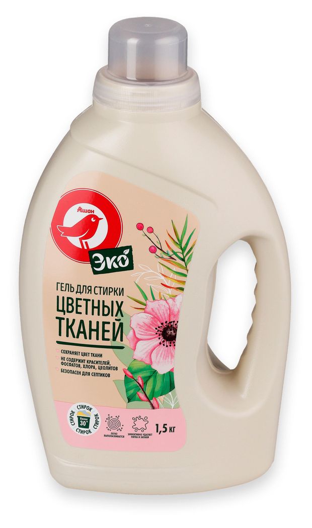 Гель для стирки АШАН Красная птица Эко для цветного белья, 1,5 кг