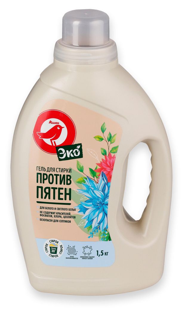 Гель для стирки АШАН Красная птица Эко Против пятен для белого белья, 1,5 кг