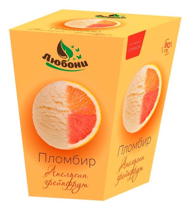 Мороженое сливочное Любони Пломбир с апельсином и грейпфрутом в вафельном стаканчик 15% БЗМЖ, 90 г