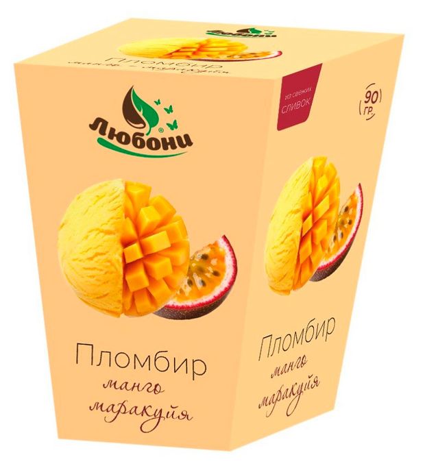 Мороженое пломбир Любони с манго и маракуйей в вафельном стаканчике 15% БЗМЖ, 90 г
