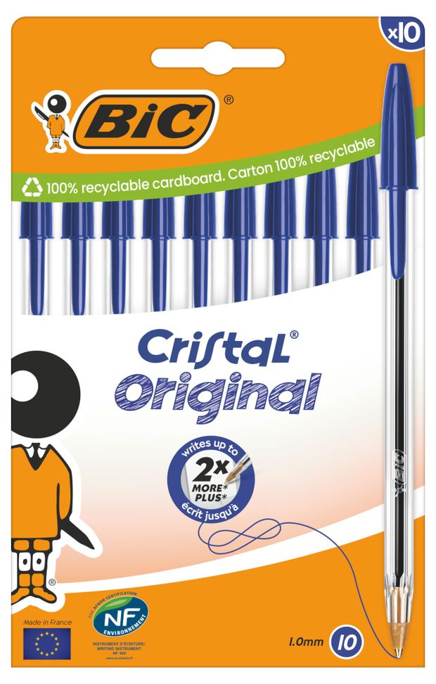 Ручка шариковая BIC Cristal оригинальная синяя 1 мм, 10 шт