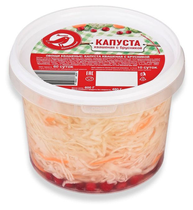 Капуста квашенная АШАН Красная птица с брусникой 600 г 135₽