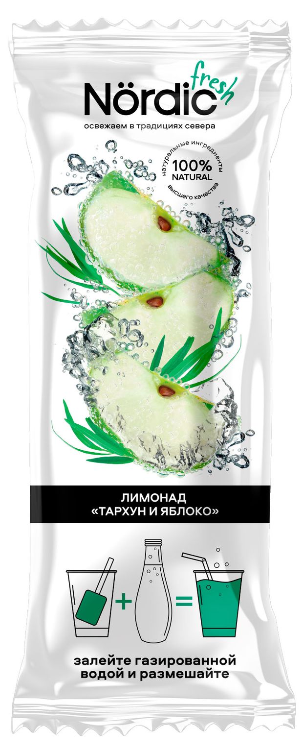 Основа коктейльная фруктово-ягодная Nordic Fresh Лимонад Тархун и Яблоко с соком лимона и эстрагоном для коктейлей и напитков эскимо на палочке замороженная, 60 г