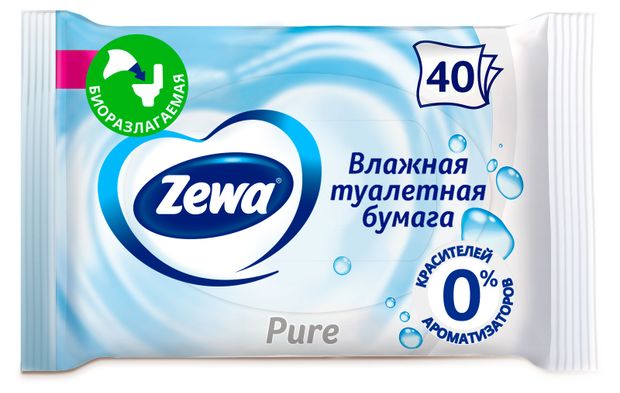 Влажная туалетная бумага Zewa Pure Без аромата, 40 листов