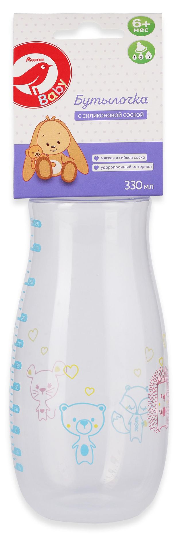 Бутылочка детская АШАН Красная птица с широким горлом с силиконовой соской 6 мес 330 мл 128₽