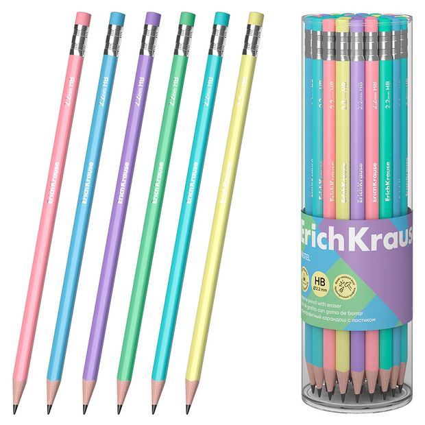 Карандаш чернографитный ErichKrause Pastel с ластиком HB 1 шт в ассортименте 30₽