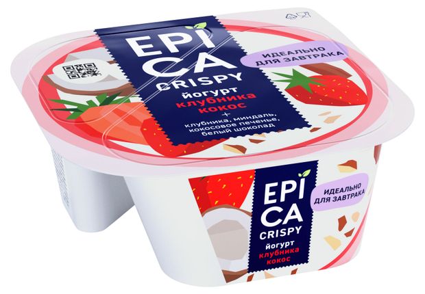 Йогурт EPICA Crispy клубника миндаль кокосовое печенье белый шоколад 7,3% БЗМЖ, 138 г