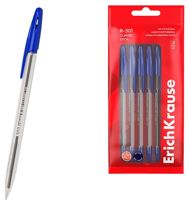 Набор ручек шариковых ErichKrause R-301 Classic Stick 1,0 мм синие, 8 шт