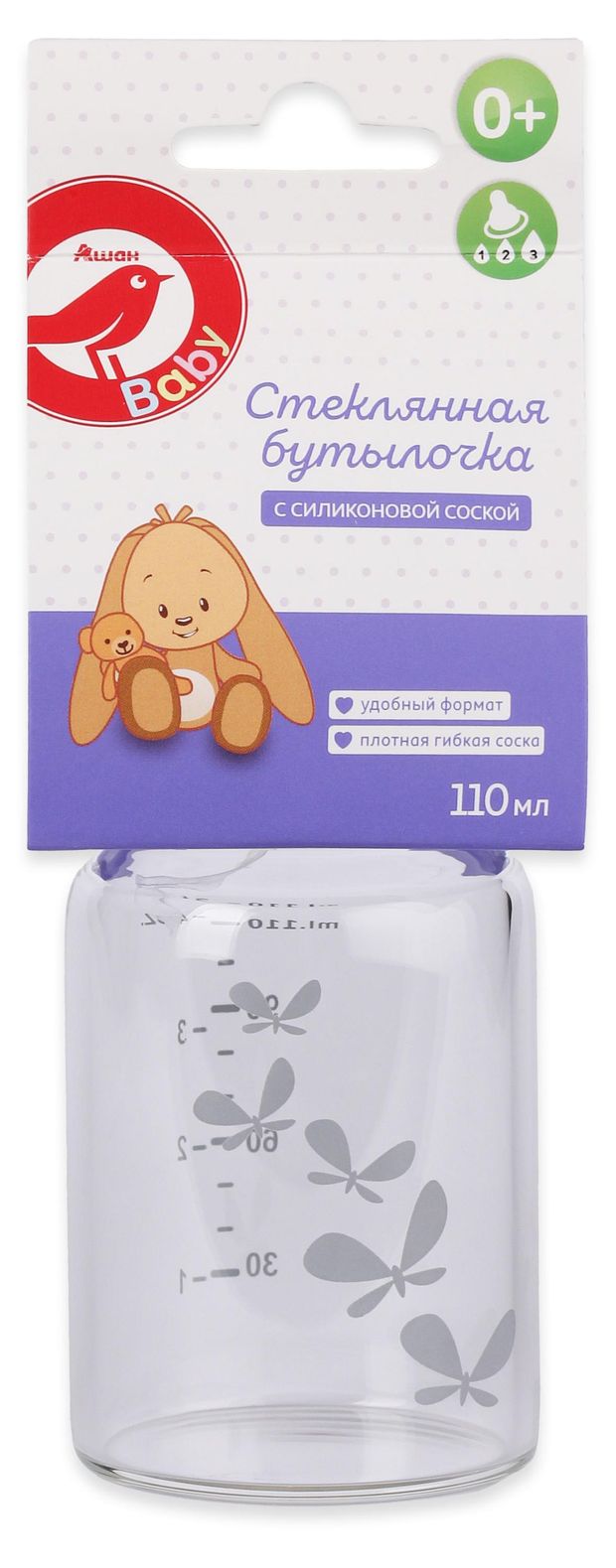 Бутылочка АШАН Красная птица стеклянная с силиконовой соской 0 110 мл 250₽