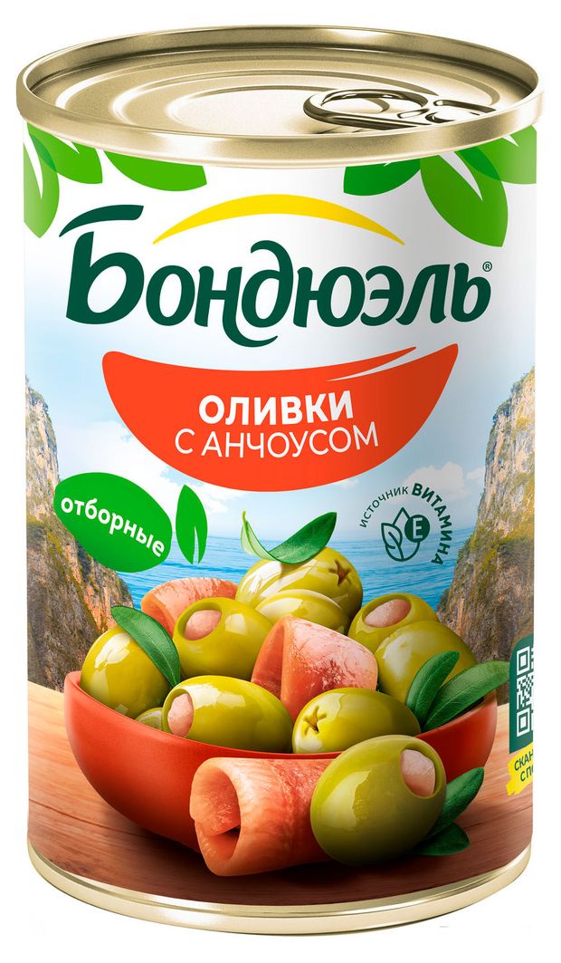 Бакалея  Ашан Оливки Бондюэль Мансанилья с анчоусом, 300 г