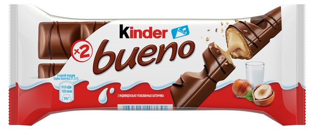Вафли Kinder Bueno покрытые молочным шоколадом с молочно-ореховой начинкой Польша, 43 г