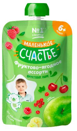 Пюре фруктово-ягодное Маленько счастье ассорти 6+ мес., 90 г