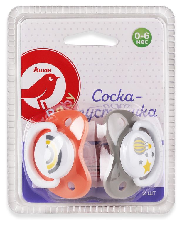 Соска-пустышка АШАН Красная птица Baby 0-6 мес 2 шт 103₽
