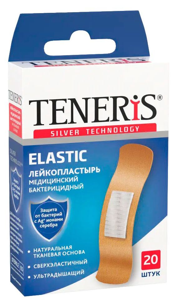 Лейкопластырь Teneris Elastic бактерицидный на тканевой основе 76х19 мм, 20 шт