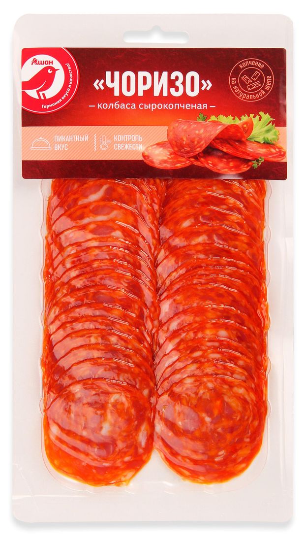 Колбаса сырокопченая АШАН Красная птица Чоризо нарезка 100 г 200₽