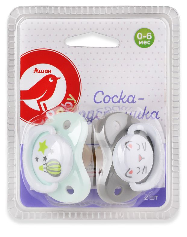 Соска-пустышка АШАН Красная птица Baby 0-6 мес 2 шт 96₽