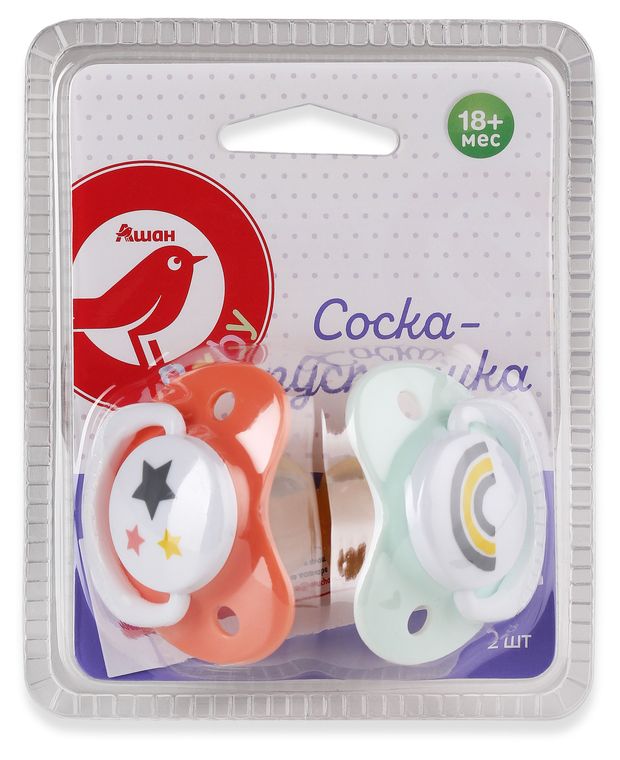 Соска-пустышка АШАН Красная птица Baby ортодонтическая 18+ мес., 2 шт