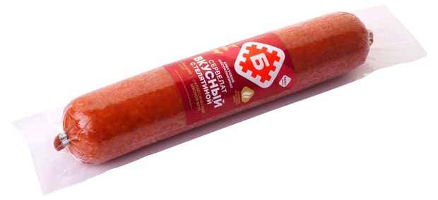 Колбаса варено-копченая Брестский мясокомбинат Сервелат вкусный с телятиной Беларусь, ~ 700 г