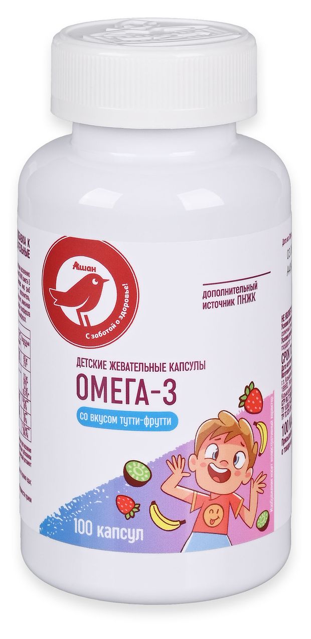 Аптека БАД АШАН Красная птица Омега-3 детские жевательные капсулы со вкусом тути-фрутти,100 шт