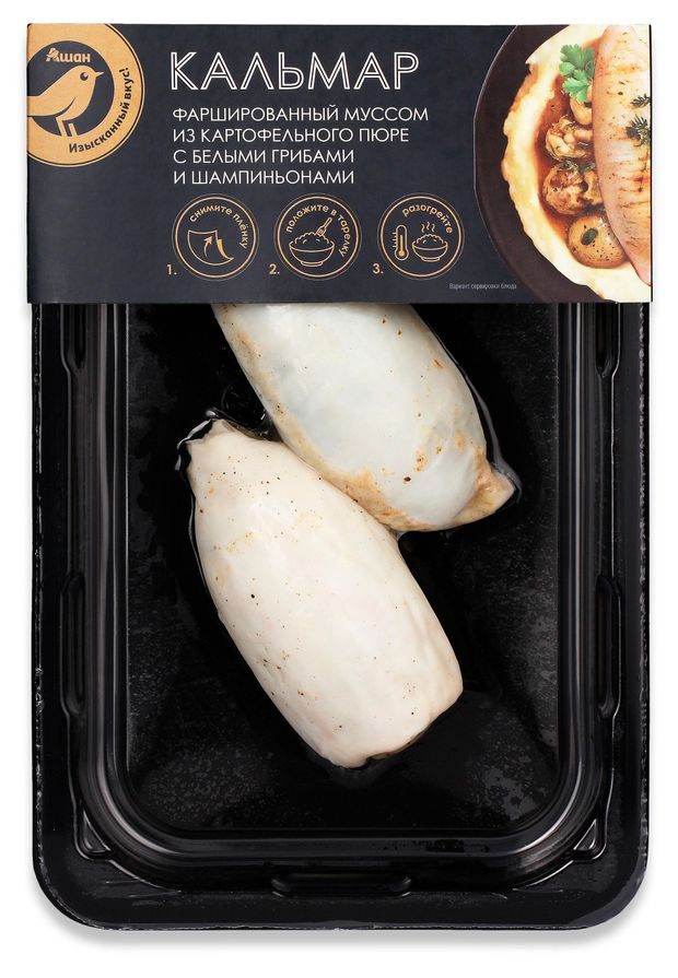 Кальмар замороженный АШАН Золотая птица фаршированный муссом из картофельного пюре и грибов 250 г 380₽