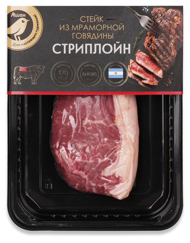 Стейк из мраморной говядины АШАН Золотая птица Стриплойн охлажденный 200 г 594₽