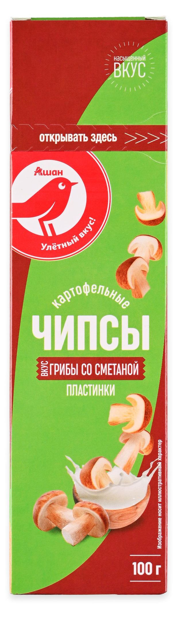 Чипсы картофельные АШАН Красная птица в пластинах со вкусом сметаны и грибов 100 г 60₽