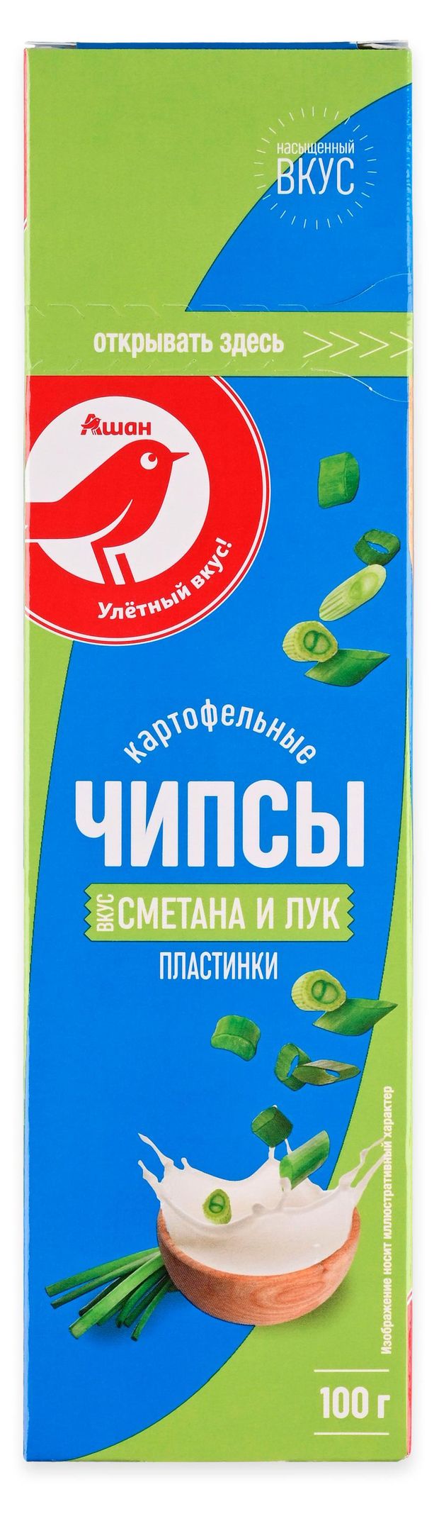 Чипсы картофельные АШАН Красная птица в пластинах со вкусом сметаны и лука 100 г 60₽