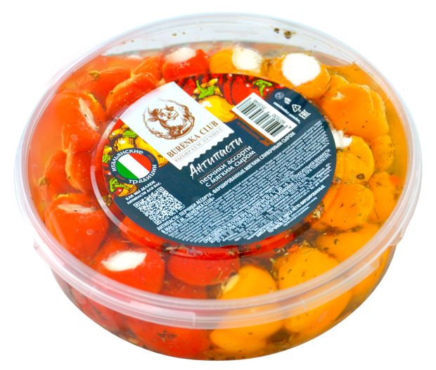 Закуска антипасти перчики ассорти с мягким сыром Burenka Club в масле БЗМЖ, 70 г