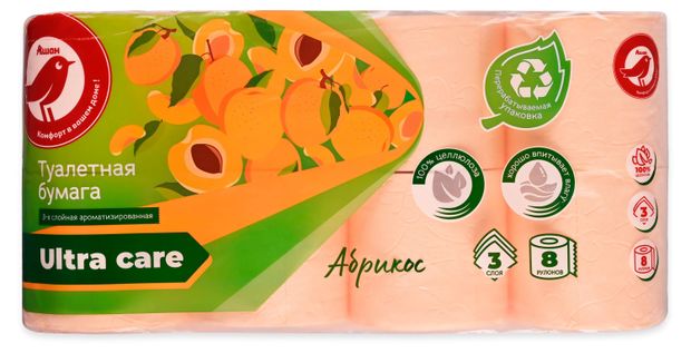 Туалетная бумага АШАН Красная птица Абрикос 3 слоя 8 рулонов 180₽
