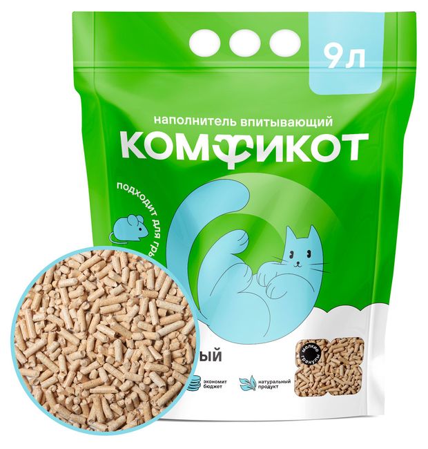 Наполнитель для кошачьего туалета Комфикот древесный впитывающий мелкие гранулы, 9 л
