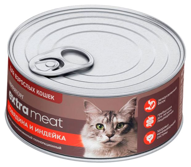 Корм консервированный для кошек Мираторг Extra meat говядина и индейка 85 г 68₽