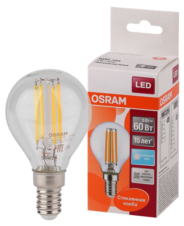 Лампа светодиодная филаментная Osram LED Star 5Вт E14 нейтральный белый свет 60₽