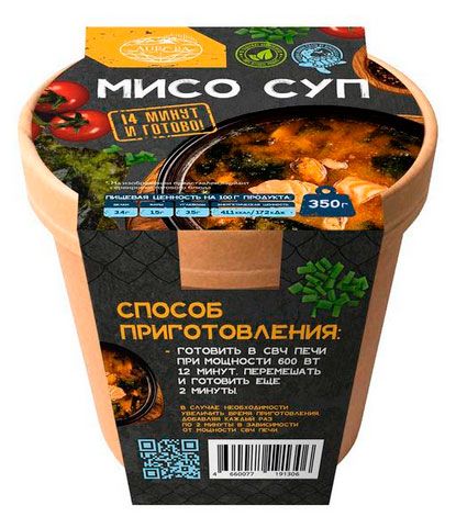 Готовое блюдо Суп рыбный Aurora Мисо с семгой, мидиями, креветками и командорским кальмаром замороженный, 350 г
