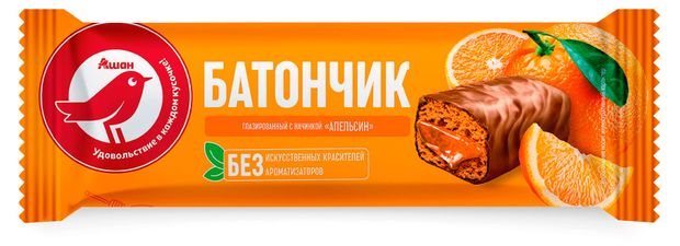 Батончик глазированный АШАН Красная птица с начинкой апельсин, 40 г