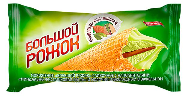 Мороженое сливочное Лева из Могилева Большой рожок миндальное-фисташковое в сахарном рожке 10% БЗМЖ Беларусь, 100 г