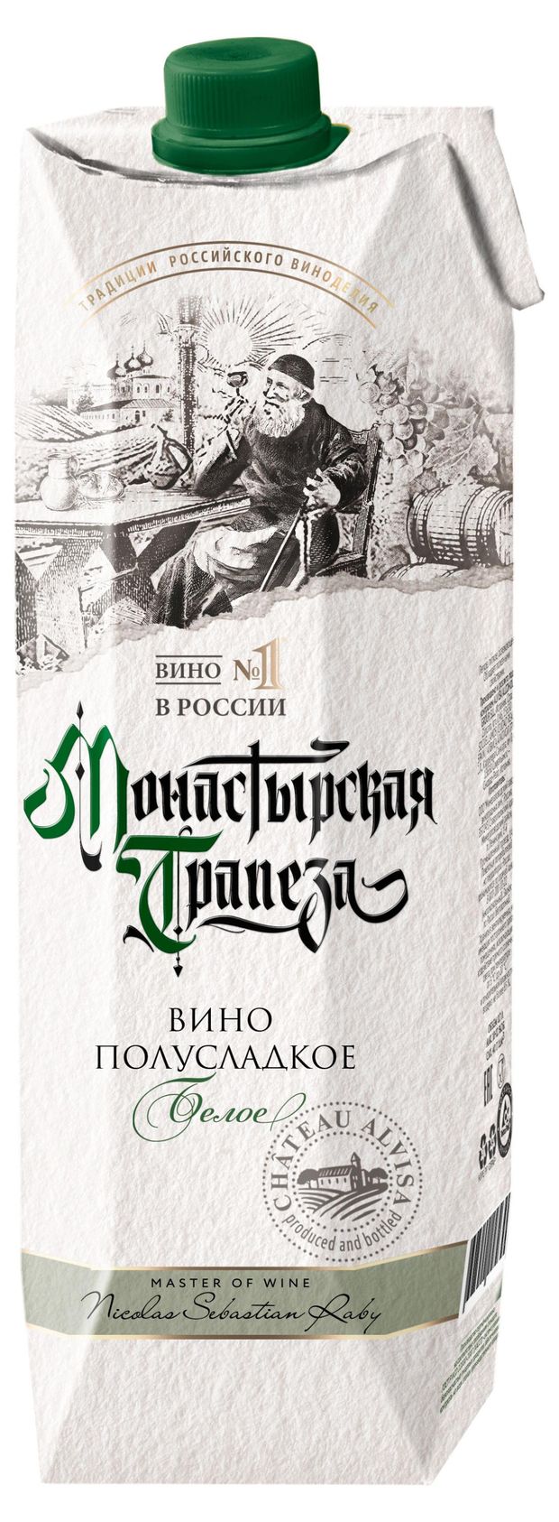 Вино Монастырская трапеза столовое белое полусладкое Россия, 1 л