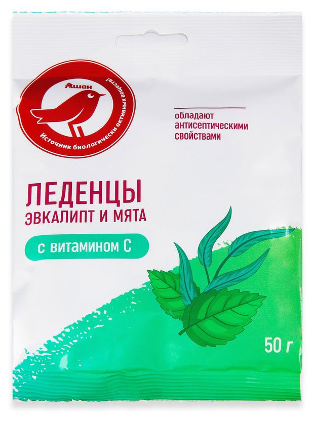 Леденцы АШАН Красная птица с мятой и эвкалиптом, 50 г