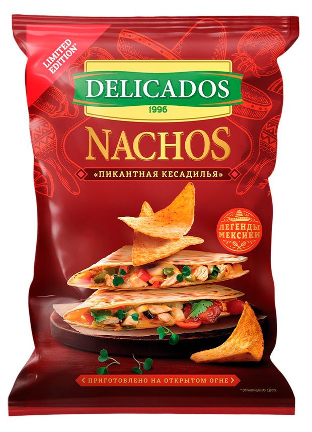 Чипсы, снеки, сухофрукты Чипсы кукурузные Delicados Nachos пикантная кесадилья, 140 г