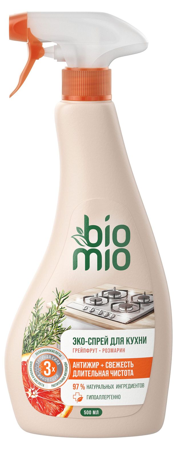 Средство для кухни BioMio Антижир с эфирными маслами грейпфрута и розмарина 500 мл 280₽