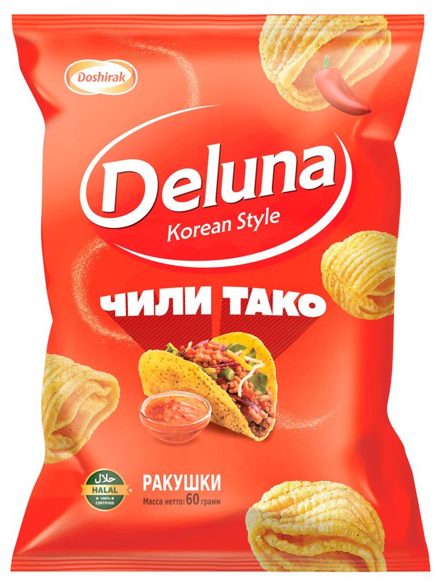 Чипсы, снеки, сухофрукты  Ашан Снеки кукурузные Deluna Чили Тако, 60 г