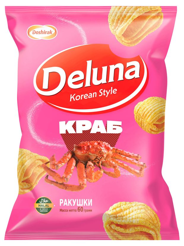 Чипсы, снеки, сухофрукты  Ашан Снеки кукурузные Deluna Краб, 60 г