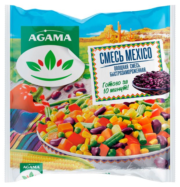 Овощная смесь Agama MEXIKO морковь перец сладкий стручковая фасоль горошек зеленый кукуруза сельдерей красная фасоль лук замороженная, 400 г