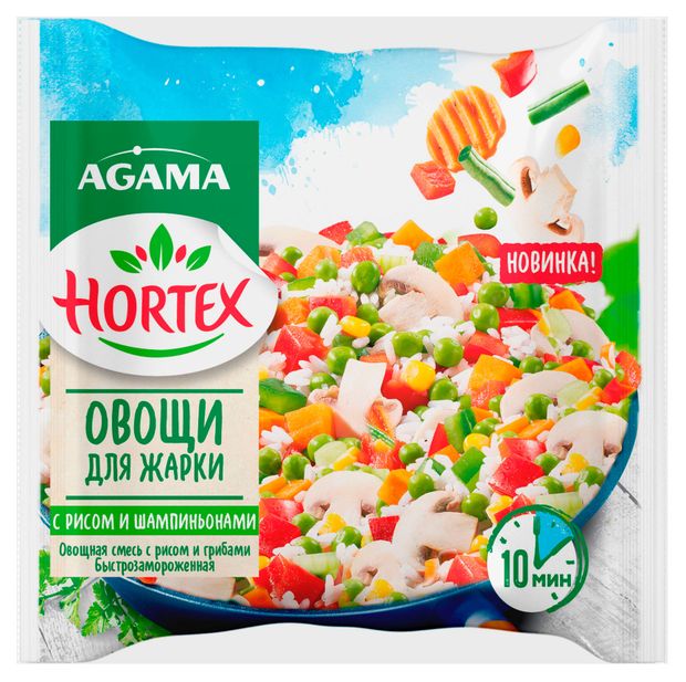 Овощная смесь Овощи для жарки Agama зеленый горошек сладкий перец морковь лук кукуруза с рисом и шампиньонами замороженные, 400 г