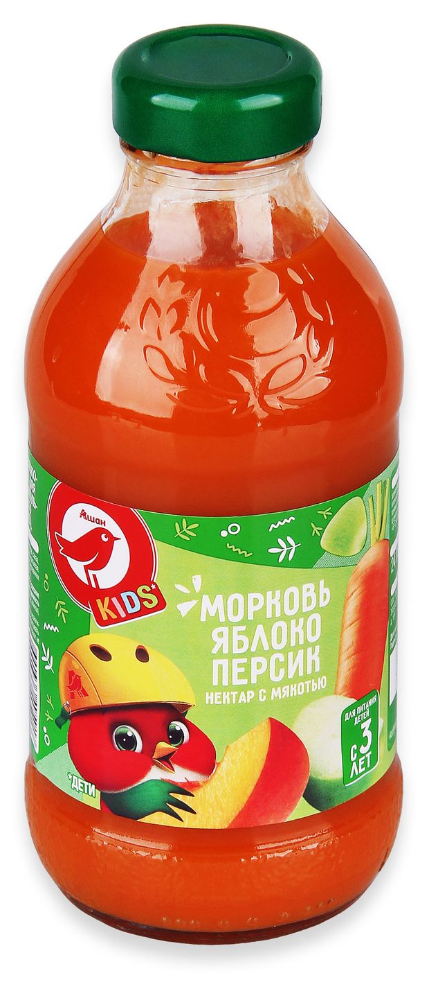 Вода, соки, напитки Нектар АШАН Красная птица Kids морковь яблоко персик с мякотью, 330 мл