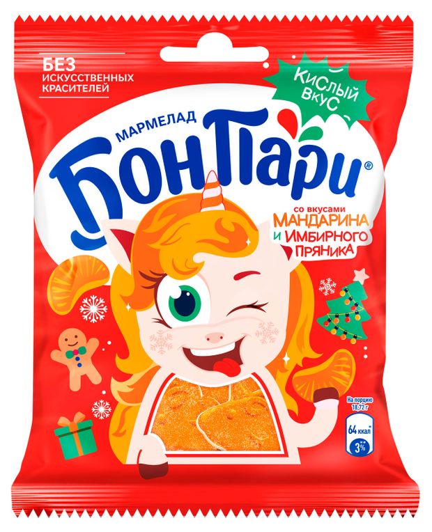Мармелад жевательный Бон Пари Новогодний микс со вкусами мандарина и имбирного пряника, 100 г