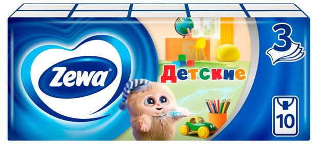 Красота и гигиена  Ашан Платочки бумажные носовые Zewa Kids детские 3 слоя, 10 шт