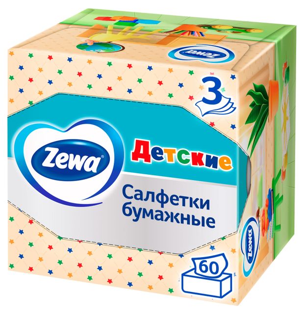 Красота и гигиена  Ашан Салфетки бумажные в коробке Zewa Kids, 3 слоя, 60 шт