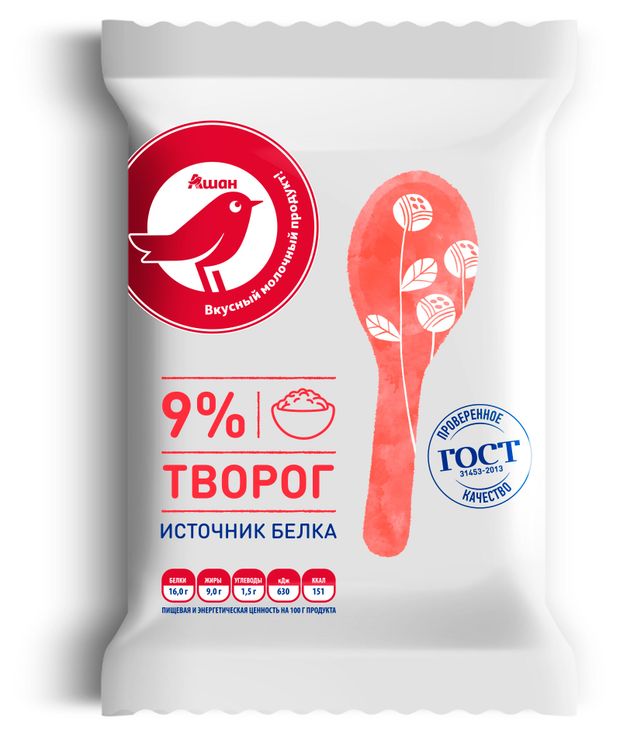 Творог АШАН Красная птица 9%, 180 г