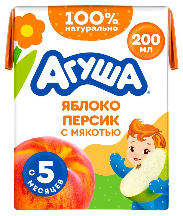 Сок Агуша яблоко и персик с мякотью с 5 мес., 200 мл